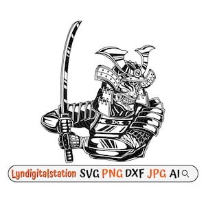 May include: Black and white illustration of a samurai warrior wearing armor and holding a sword. The warrior has a fierce expression on his face.