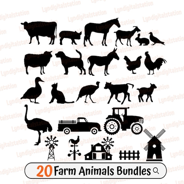 20 Farm Animals Bundles Svg | Farmhouse Animal Clipart | Domestic Animal Cut File | Stencil | Farm Vehicle T-shirt Design | Dxf | Png