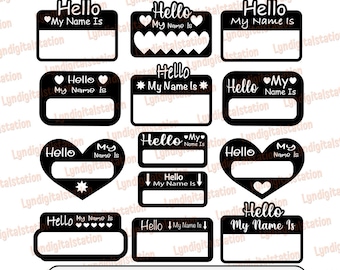 Name Tag Bundles Svg | 13 ID Tags Clipart | Hello My Name is File | Heart Shaped Tag Stencil | Tag Name T-Shirt Design | Label Dxf | Png