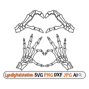 Puede incluir: Ilustración en blanco y negro de dos pares de manos de esqueleto formando corazones. La imagen incluye el texto "Lyndigitalstation SVG PNG DXF JPG AI".