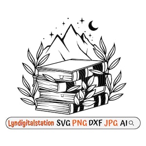 Book Svg | Book Clipart | Piled Books Cut File | Book with Mountain Scene Stencil | Book Lover T-shirt Design | Leaf Dxf | Mystical Books