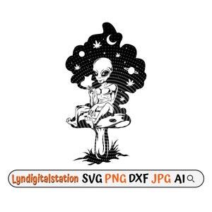 May include: Black and white illustration of an alien sitting on a mushroom with a galaxy background. The alien is smoking a cigarette and has a relaxed expression.