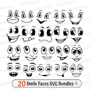 20 Smile Faces Bundles Svg | Facial Expression Clipart | Face Emotion Cut File | Happy Faces Stencil | Cartoon T-shirt Design | Dxf | Png