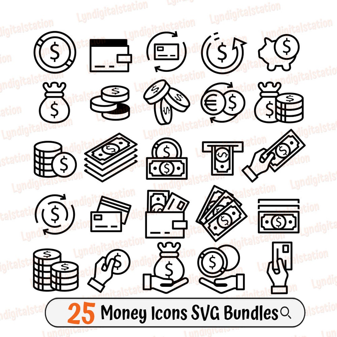 25 個のお金アイコン バンドル SVG | ドル硬貨クリップアート | ドル紙幣カット ファイル | 通貨ステンシル | お金の T シャツ  デザイン | ドル紙幣 DXF | PNG - Etsy 日本