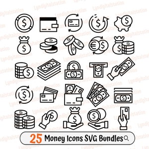 25 Money Icons Bundles Svg | Dollar Coins Clipart | Dollar Bills Cut File | Monetary Stencil | Money T-shirt Design | Dollar Bills Dxf | Png