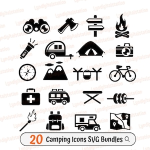 20 Camping Icons Bundles | Zelt Clipart | Camping Van Schnittdatei | Lagerfeuer Schablone | Camplife T-Shirt Design | Outdoor Camping Dxf | Png