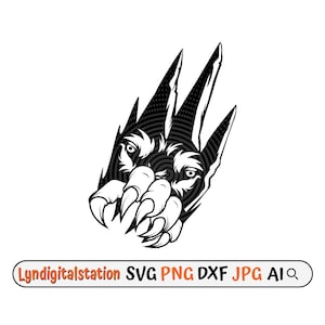 Puede incluir: Ilustración en blanco y negro de una pata de hombre lobo con garras afiladas que emergen de una superficie rasgada. Los ojos del hombre lobo son visibles a través del rasgón.