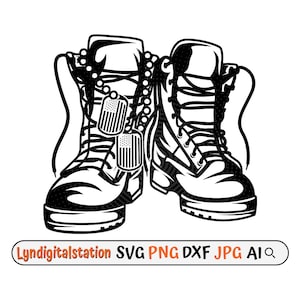 May include: Black and white illustration of a pair of military boots with dog tags and a beaded chain.