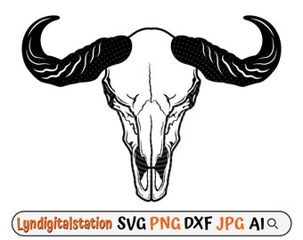 Buffalo Skull Svg | Cow Skull Clipart | Bison Skull Cut File | Bullhead Stencil | Longhorn Skull Tshirt Design| Countryfarm Dxf |Animal  Png