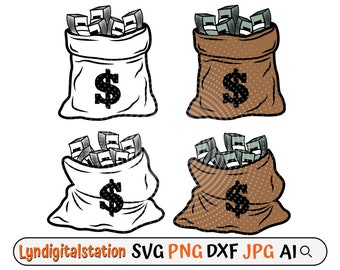Geldzak svg bundel, gangster clipart, penningen stencil, cent gesneden bestand, dollarteken clipart, usd papieren factuur cutfile, rich kid t-shirt design