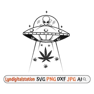 May include: Black and white illustration of an alien in a flying saucer beaming down a marijuana leaf.