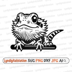 May include: Black and white illustration of a bearded dragon. The reptile is depicted with detailed scales, a spiky beard, and large eyes. The image includes the text "Lyndigitalstation" and file type options: SVG, PNG, DXF, JPG, and AI.