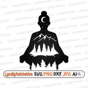 Yoga Svg | Meditation Clipart | Woman Empowerment Cut File | Motivational Stencil | Yoga T-shirt Design | Mountain Scene Dxf | Forest Png
