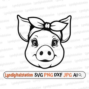 Cute Pig Head Svg | Piglet Clipart | Farm Animals Cut File | Pig with Ribbon Stencil | Baby Cute Pig Tshirt Design | Baby Pig Face Dxf | Png