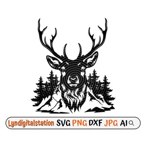 Deer Svg | Deer Scene Clipart | Outdoor Hunting Cut File | Outdoor Scene Stencil | Outdoor Camp T-shirt Design | Wild Life Dxf | Antler Png