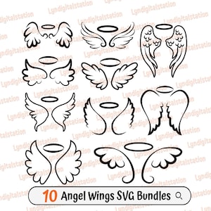 Angel Wings Bundles  Svg | Halo Clipart | Memorial Cut File | Feather Stencil | Angel Halo and Wings T-shirt Design | In Memory of Dxf | Png