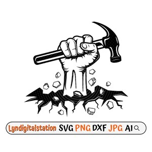 May include: A black and white illustration of a fist breaking through a cracked surface, holding a hammer.