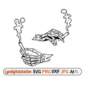 May include: Two skeletal hands holding and smoking cigarettes with smoke rising from the ends. The hands are drawn in a black and white line art style.