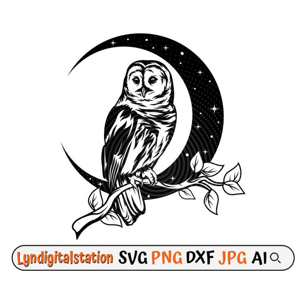 Owl Moon Svg | Owl Clipart |  Half Moon Cut File | Night Owl  Stencil | Night Bird on Branch T-shirt Design | Dreamcatcher Owl Dxf | Png