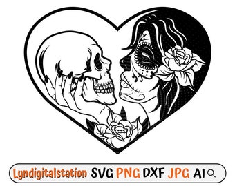Sugar Skull Lover Svg / La Muerta Clipart / Lady Skull Cut File / Lover Stencil / Floral Catrina Skull in Love Sign camisa Diseño / Dxf / Png