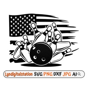 May include: Black and white illustration of a bowling ball and pins with a distressed American flag in the background.