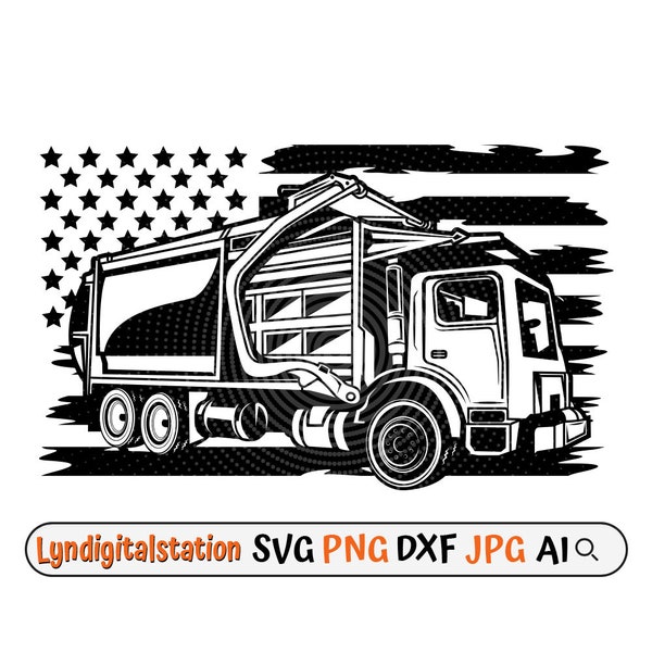 US Garbage Truck Svg | Waste Collector Clipart | Truck Operator Cut File | Trash Truck Stencil | Waste Disposal T-shirt Design | Dxf | Png