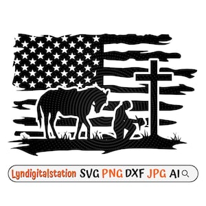 US Cowboy Kneeling in the Cross Svg | Rodeo Praying Clipart | Memorial Cross Cut File | Horse Stencil | Cowboy T-shirt Design | Dxf | Png