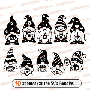 Gnomes Coffee Bundles Svg | Cute Gnomes Clipart | Garden Ornament Cut File | Earth Spirit Stencil | 10 Coffee Elfs Tshirt Design | Dxf | Png