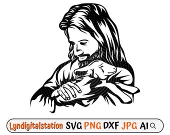 Jesus Holding Lamb Svg | Lamb of Jesus Clipart | Jesus Christ Cut File | Lamb Stencil | Shepherd T-shirt Design | Sheep Dxf | Jesus Lamb Png