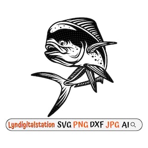 May include: Black and white illustration of a mahi-mahi fish jumping out of the water. The fish has a detailed design with scales and fins.