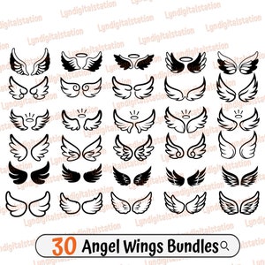 30 Angel Wings Bundles  Svg | Halo Clipart | Memorial Cut File | Feather Stencil | Halo and Wings T-shirt Design | In Memory of Dxf | Png