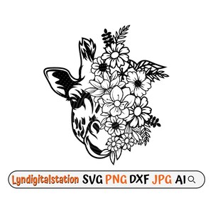 Floral Giraffe Svg | Giraffe Face with Flowers Clipart | Floral Animal Cut File | Zoo Animal Stencil | Giraffe T-shirt Design | Dxf | Png