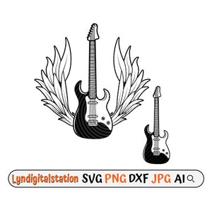 May include: Black and white illustration of an electric guitar with wings. The guitar has a striped pattern on the body. The wings are behind the guitar and are made of feathers.