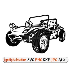 May include: Black and white illustration of a dune buggy with a roll cage, headlights, and knobby tires.