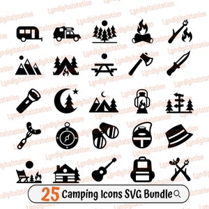25 Camping Icons Bundles | Zelt Clipart | Camping Van Schnittdatei | Lagerfeuer Schablone | Camplife T-Shirt Design | Outdoor Camping Dxf | Png