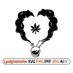 May include: Black and white illustration of a heart-shaped cloud of smoke with a marijuana leaf inside and a bong at the bottom.