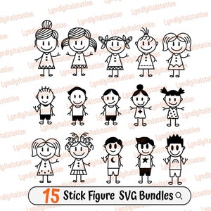 15 paquetes de figuras de palo SVG / Imágenes prediseñadas para niños / Archivo de corte de niña de palo / Plantilla de niño de palo / Diseño de camiseta de figura de palo para niños / Dxf / Png
