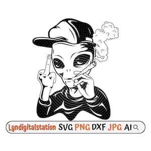 May include: Black and white illustration of an alien wearing a baseball cap, smoking a joint and giving the middle finger.