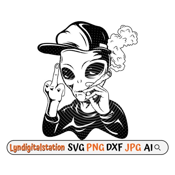 Alien Weed Svg | Stoned Extraterrestrial  Clipart | Smoking Joint Cut File | Middle Finger Stencil | Cannabis T-shirt Design | 420 Dxf | Png