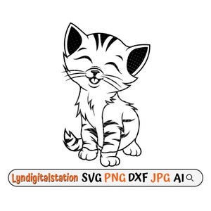 Cute Cat Svg | Kitten Clipart | Happy Cat Cut File | Domestic Animal Stencil | Cat Lover T-shirt Design | Cute Kitten Dxf | Cat Whisker PNG