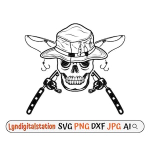 Fisherman Skull Theme Svg / Fisherman Clipart / Skeleton Fisherman Cut File / Plantilla de caña de pescar / Diseño de camiseta de pesca de terror / Dxf / Png
