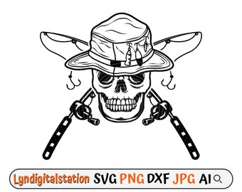 Fisherman Skull Theme SVG | Fischer Clipart | Skelett Fisherman Cut File | Angel Schablone | Horror Angeln Tshirt Design | Dxf | Png
