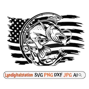 May include: Black and white illustration of a fish jumping out of the water with a fishing rod and line. The fish is in front of an American flag.