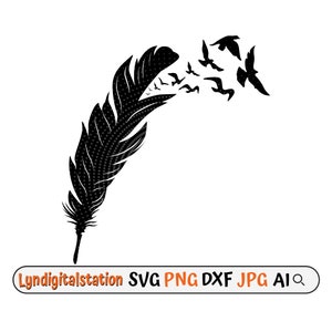 Feathers with Bird Flying Svg | Flying Birds Clipart | Memorial Feathers Cut File | Birds Stencil | Feather Birds T-shirt Design | Dxf | Png