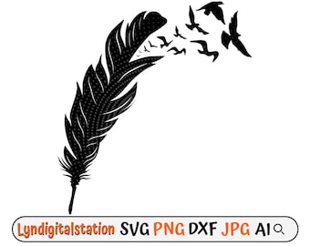 Feathers with Bird Flying Svg | Flying Birds Clipart | Memorial Feathers Cut File | Birds Stencil | Feather Birds T-shirt Design | Dxf | Png