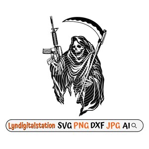 Liemannen med pistol Svg | Liemannen Clipart | Obehaglig klippfil | Dödsängelstencil | Reaper Skjorta Design | Skelett Dxf | Halloween PNG
