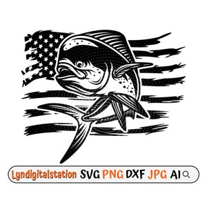 May include: Black and white illustration of a mahi-mahi fish jumping out of the water with a distressed American flag behind it.