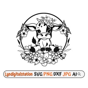 Floral Baby Cow Svg | Cute Cow Clipart | Farm Animal Cut File | Heifer Stencil | Floral Baby Cow Sitting T-shirt Design | Flowers Dxf | Png