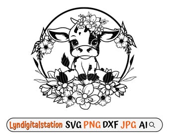 Floral Baby Cow Svg | Cute Cow Clipart | Farm Animal Cut File | Heifer Stencil | Floral Baby Cow Sitting T-shirt Design | Flowers Dxf | Png