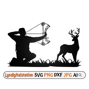 May include: Black and white silhouette of a person with a bow and arrow aiming at a deer. The person is kneeling in tall grass. The deer is standing in the grass. The image is a digital illustration.